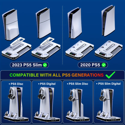 PS5/PS5 Slim/PS5 Pro Cooling Station with Controller Charging Stand - Includes Cooling Fan, 3 USB Hubs, Headset Holder and Screw for Disc/Digital Console - PlayStation 5 Accessories, Christmas Gift