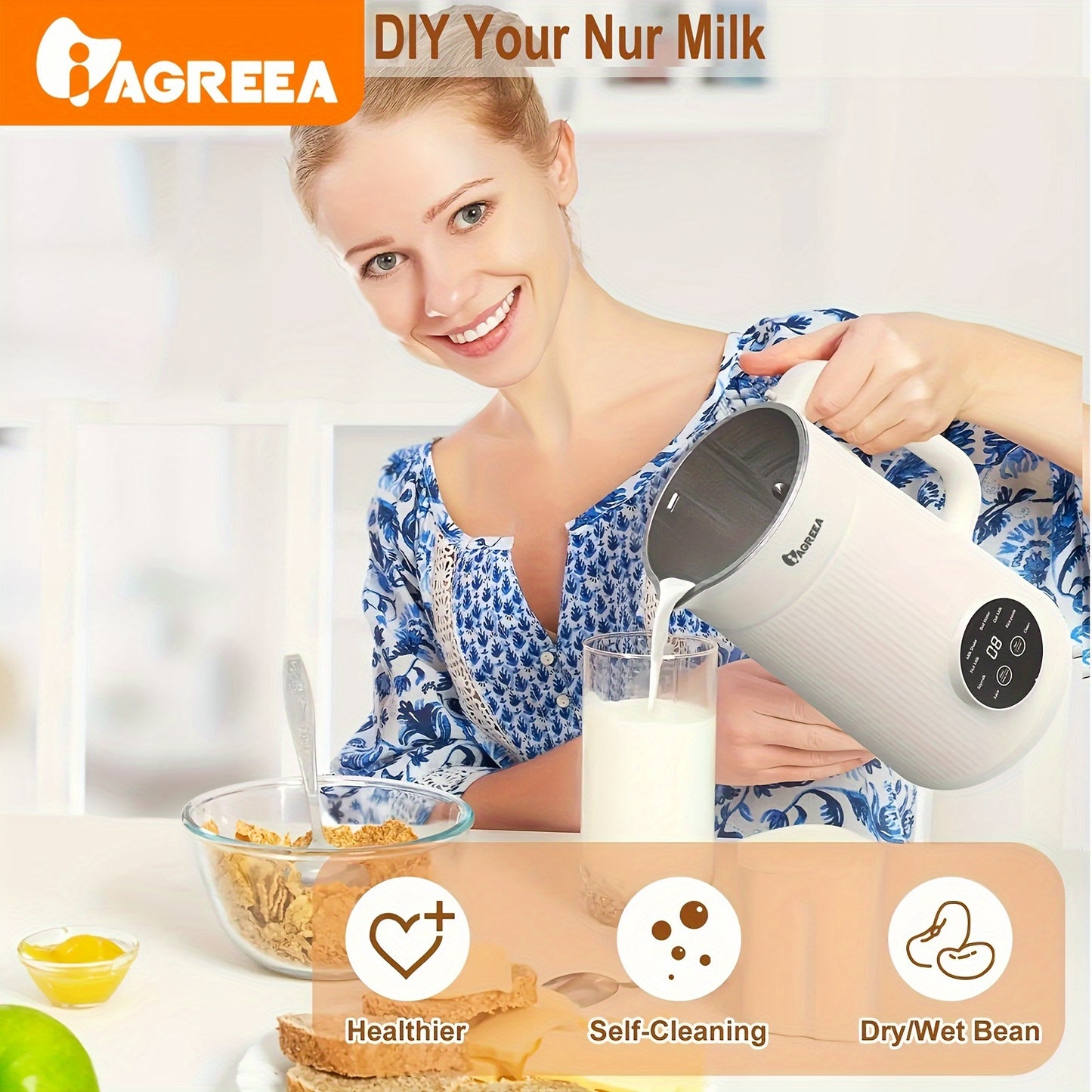 1000ml Soybean Milk Master - Automatic Temperature Control, Intelligent Touch, One-Button Cleaning, Boiling-Free Juicer - Stainless Steel, White, Kitchen Essential for Nut and Soy Milk