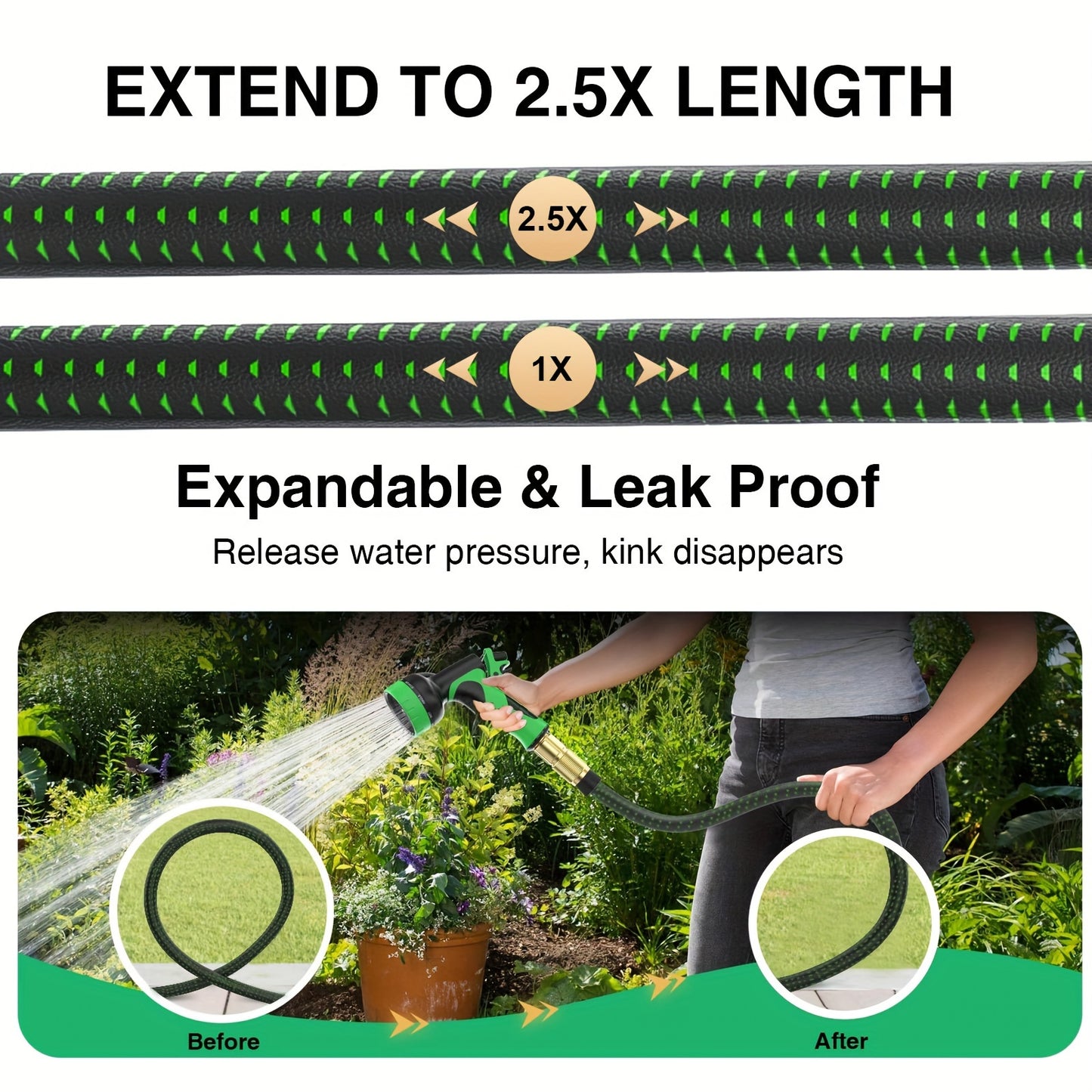 100FT Expandable Garden Hose – Heavy Duty Flexible Water Hose with 10-Function High-Pressure Spray Nozzle, 3/4" Solid Brass Fittings, Leakproof Design