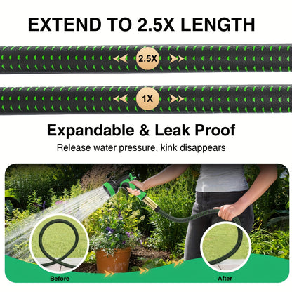 100FT Expandable Garden Hose – Heavy Duty Flexible Water Hose with 10-Function High-Pressure Spray Nozzle, 3/4" Solid Brass Fittings, Leakproof Design