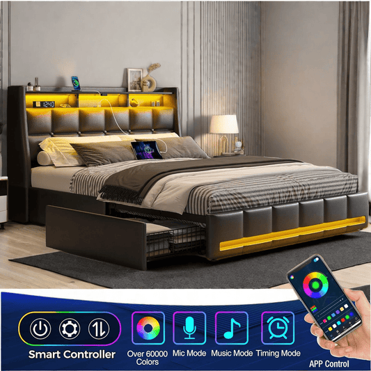 Twin Full Queen Bed Frame with LED Lighting and Charging Station - PU Leather/Neutral Linen Storage Headboard, Drawers, Heavy Duty Wood Slats, Easy Assembly - Modern Bedroom Furniture Upgrade