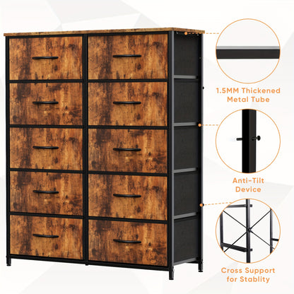 DUMOS Dresser - Fabric Storage Tower with 10 Drawers, Steel Frame, Wood Top, Organizer for Bedroom, Living Room, and Closet