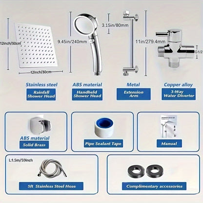 12 Inch High Pressure Rainfall Shower Head Combo – Handheld with 11 Inch Extension Arm, 9 Settings Adjustable, Anti-Leak with Holder and Hose, Height/Angle Adjustable