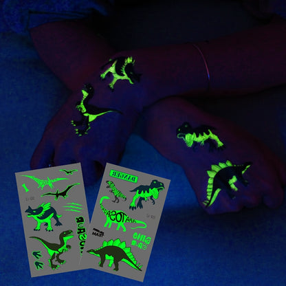 10 Sheets Luminous Dinosaurs Temporary Tattoos - Glow in the Dark T-Rex, Pterosaur, Velociraptor, Triceratops, Stegosaur Designs, Ideal for Dinosaur Birthday Parties and Stocking Stuffers