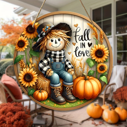 Charming Scarecrow and Fall Harvest Wooden Sign - 7.9"x7.9" Round Wreath Centerpiece for Door, Wall, Home, Porch, Garden Decor - Perfect for Autumn, Country, and Farmhouse Ambiance