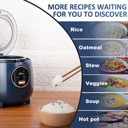 Bear 2-Cup Mini Rice Cooker - Portable Non-Stick for White/Brown Rice, Quinoa, Oatmeal, Soup - 40.58oz, BPA Free, One-Button Cook and Keep Warm (Navy Blue)