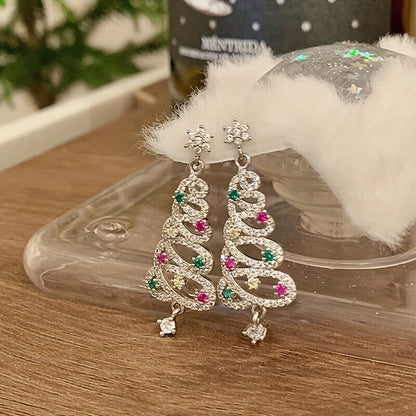 925 Sterling Silver Christmas Tree Earrings - Drop Earrings for Women, XMas Tree Decoration, Crystal Christmas Gift for Girls