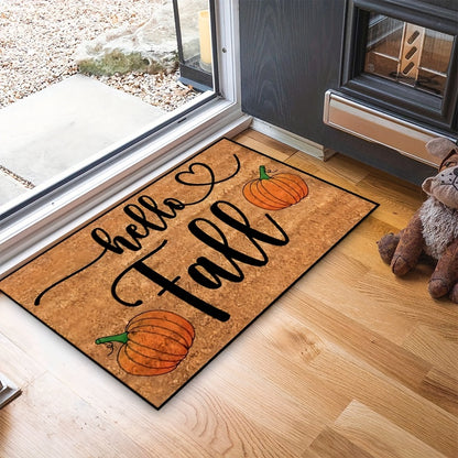 Rectangular Knit Polyester Fiber Door Mat - Lightweight, Machine Washable, Non-Slip Backing, Low Pile for Indoor/Outdoor Use, Festive Pumpkin Print for Autumn, Thanksgiving, Christmas Decoration