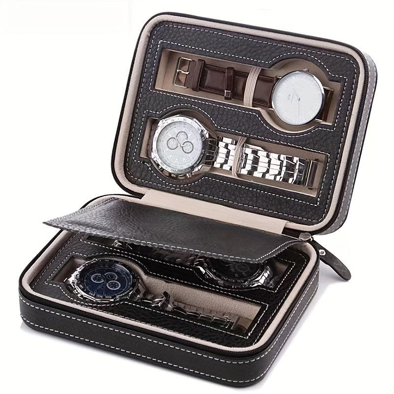 Luxury 4 Slot Black Faux Leather Watch Case with Zipper - Portable Travel Organizer for Watches, Jewelry and Accessories