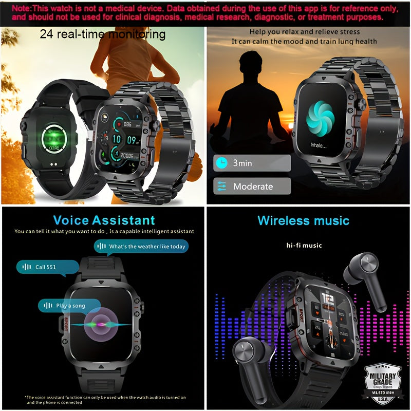 Rugged Smart Watch for Men - Wireless Call, IP68 Waterproof, AI Voice, 100+ Sports Modes, Fitness and Outdoor Smartwatch