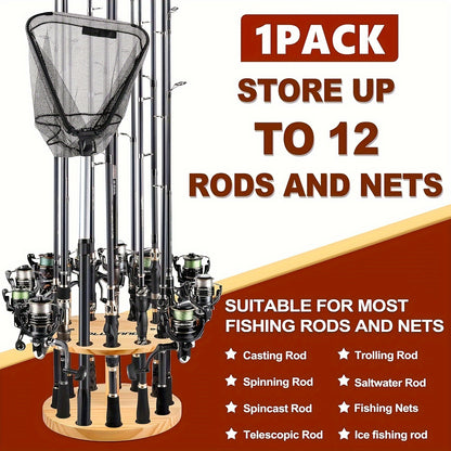 PLUSINNO Vertical Fishing Pole Holders - V12 Fishing Rod Holders for Garage, Wooden Round Storage Floor Stand - Fishing Rod/Pole Rack