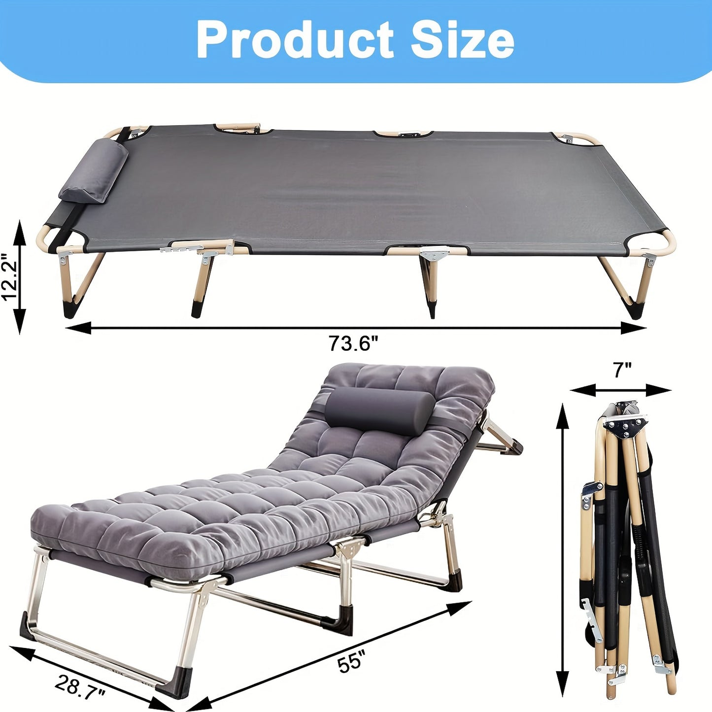 500 lb Capacity Portable Folding Camping Cot - Oversize Design with 5-Position Adjustment, Reclining Lounge Chair, Soft Pillow, Comfortable Mattress - Heavy Duty 1200D Oxford Cloth