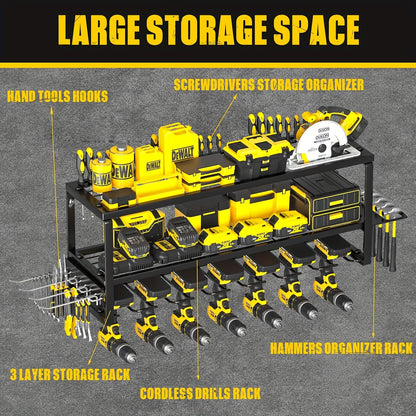 Power Tool Organizer – 4/7 Drill Holders Wall Mount – 2/3 Layer Heavy Duty Metal Storage for Garage – Includes Hooks, Screwdriver and Hammer Holder – Father's Day Gift