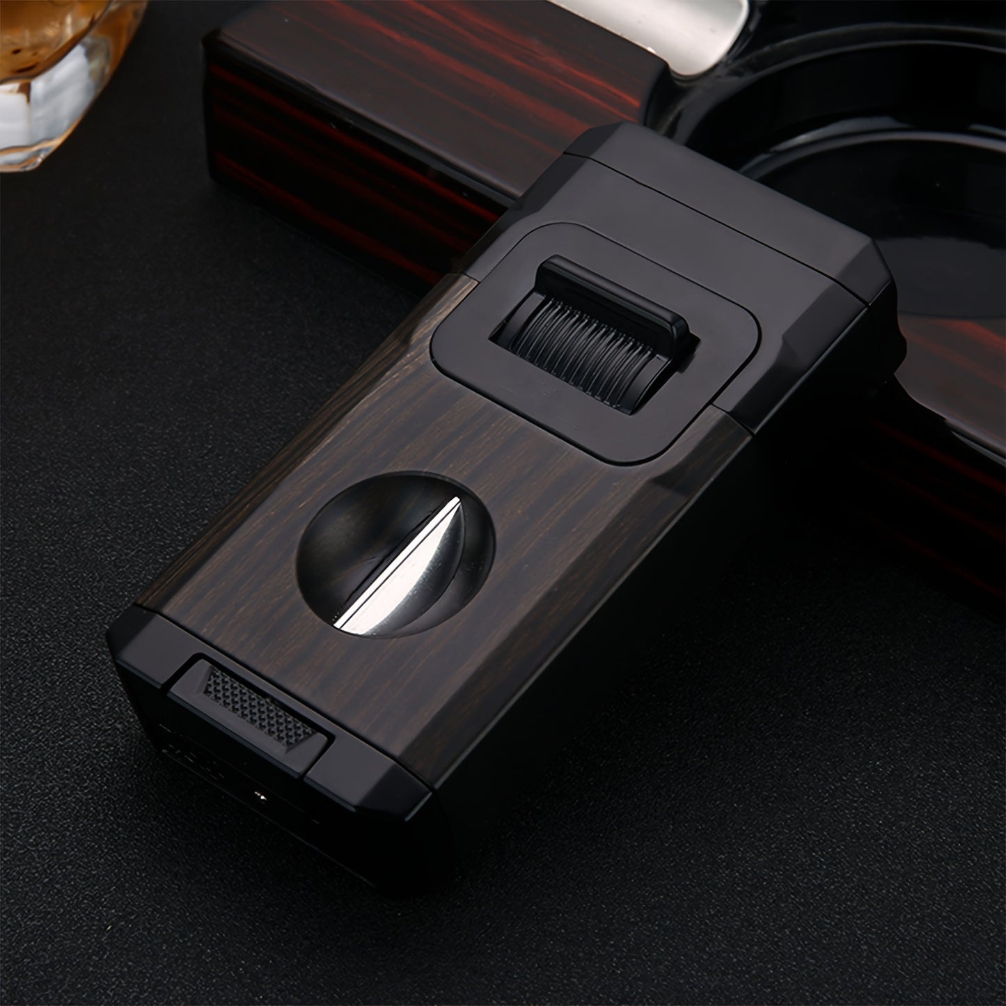 Double Windproof Jet Flame Torch Lighter with V-Shaped Knife - Built-in Holder, Visible Air Window, Clipper for Candles and Outdoor Use, Cool Cigarette Accessory Gift (No Butane)