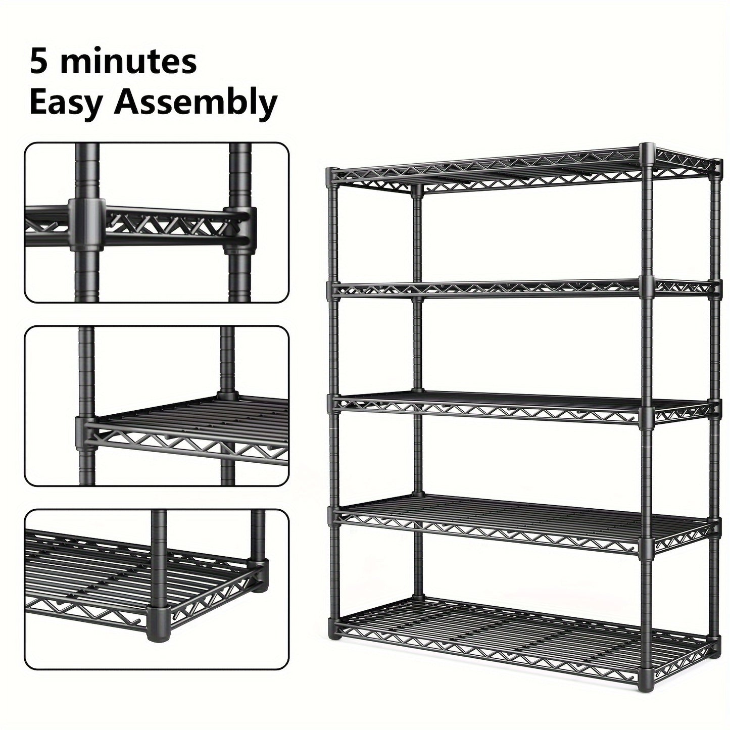 SMUG 5-Tier Adjustable Wire Shelving – Metal Storage Rack with 350LBS Load Capacity, Ideal for Kitchen, Office, and Home Storage