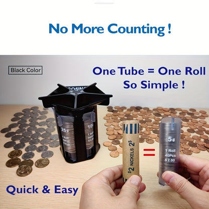 5 in 1 Manual Coin Sorter Tube - For Pennies, Nickels, Dimes, Quarters, and Dollars, Non-Electronic Coin Counter and Organizer (1pc, Black)