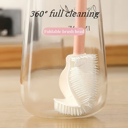 360° No-Dead-Corner Silicone Cleaning Brush with Foldable Head - Long Handle, Reusable Bottle and Cup Scrubber for Kitchen and Home Use