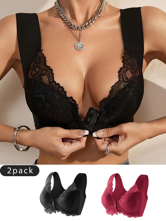 2 Pack Elegant Lace Deep V-Neck Wireless Bras – Comfortable Front Closure, Soft Cups, Breathable Fabric, Adjustable Straps – Fashionable Lingerie Set for Everyday Wear