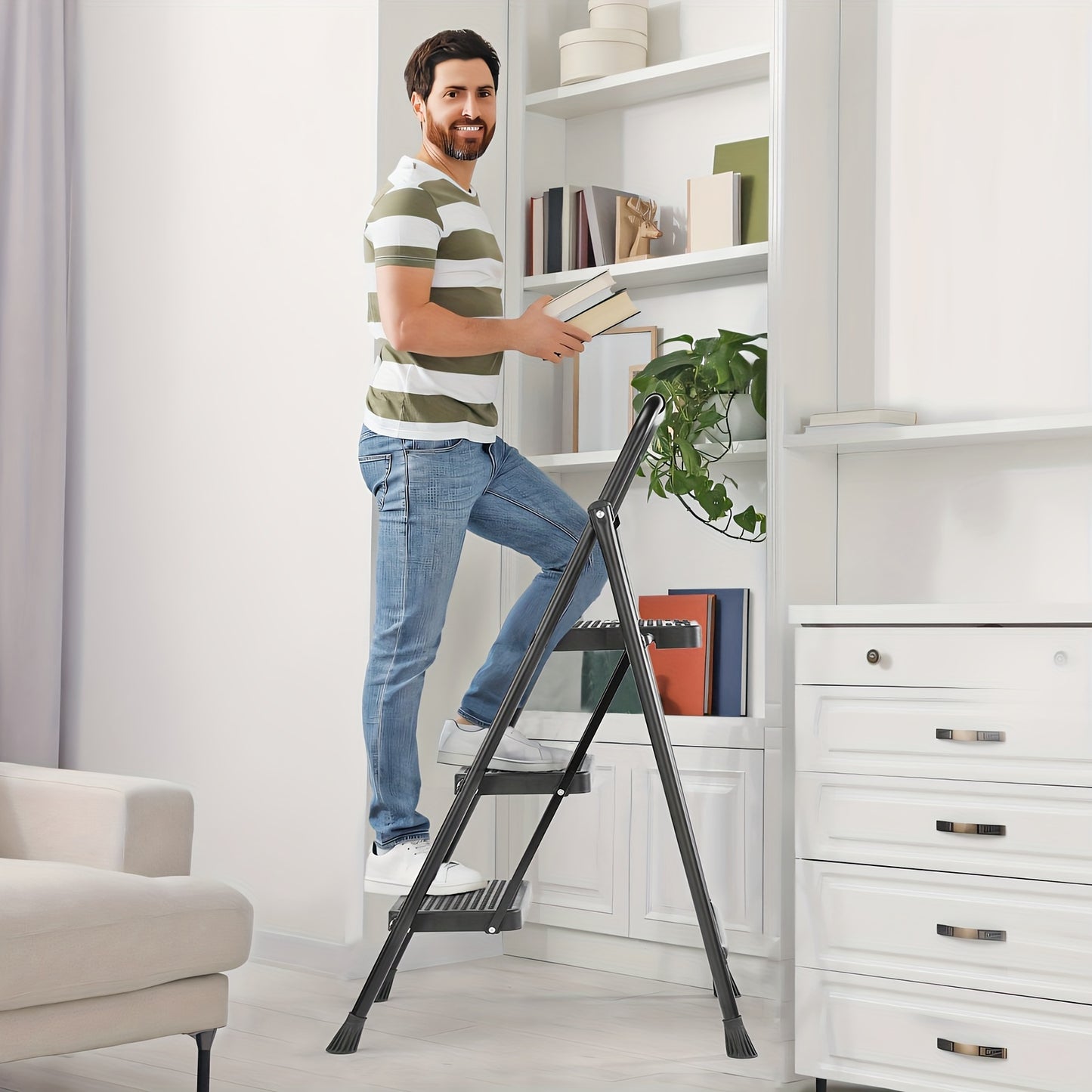 Heavy-Duty 2-3 Step Folding Ladder - 800lbs Steel Construction, Wide Anti-Slip Pedal, Lightweight Portable Design, Ideal for Home and Industrial Use - Black