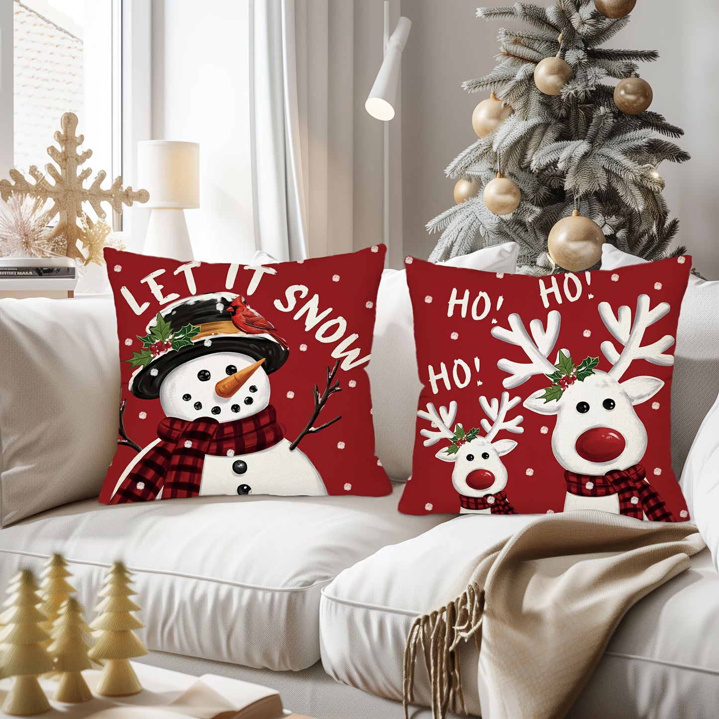 4pcs Merry Christmas Throw Pillow Covers - Reindeer, Snowman, Buffalo Plaid Print, 18x18in, Winter Holiday Farmhouse Decor for Porch, Patio, Couch, Sofa