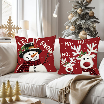 4pcs Merry Christmas Throw Pillow Covers - Reindeer, Snowman, Buffalo Plaid Print, 18x18in, Winter Holiday Farmhouse Decor for Porch, Patio, Couch, Sofa