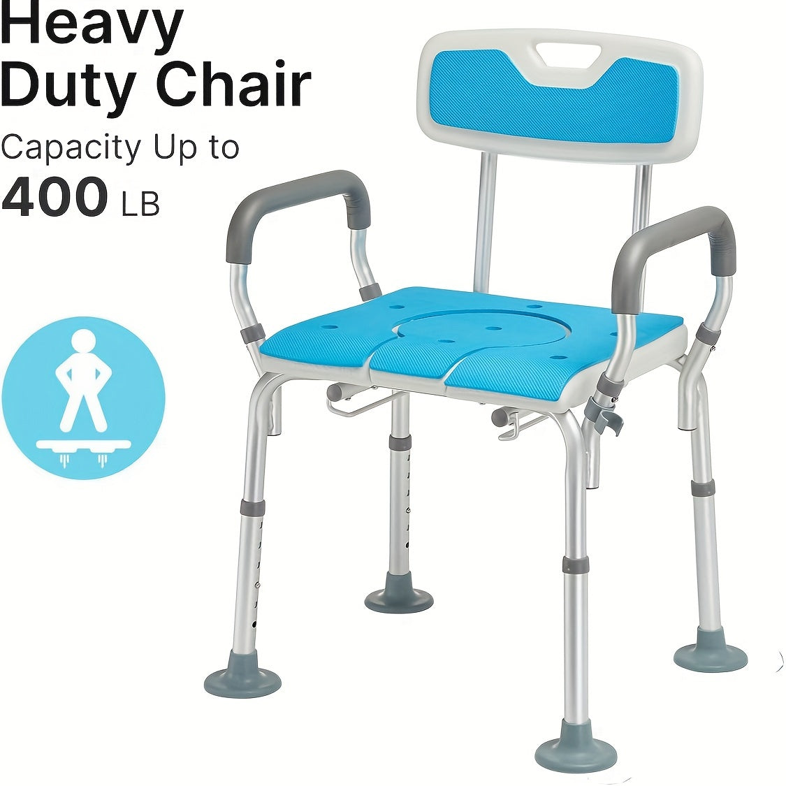 HEAO 3-in-1 Heavy Duty Shower Chair - 400LBS Capacity, Bath Stool with Arms, Backrest and Padded Seat, Cut-Out for Easy Cleansing, Includes 4 Suction Cups and 4 Rubber Tips