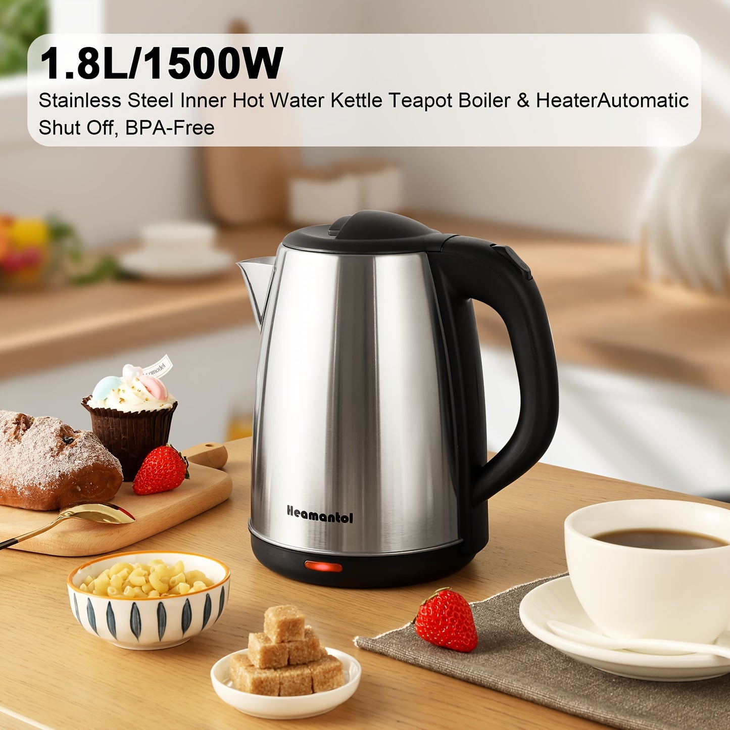 Electric Kettle – 1.8L Hot Water Boiler with Auto Shut Off & Boil-Dry Protection, Stainless Steel Double Wall, BPA Free, Cordless with Heating Base and LED Indicator