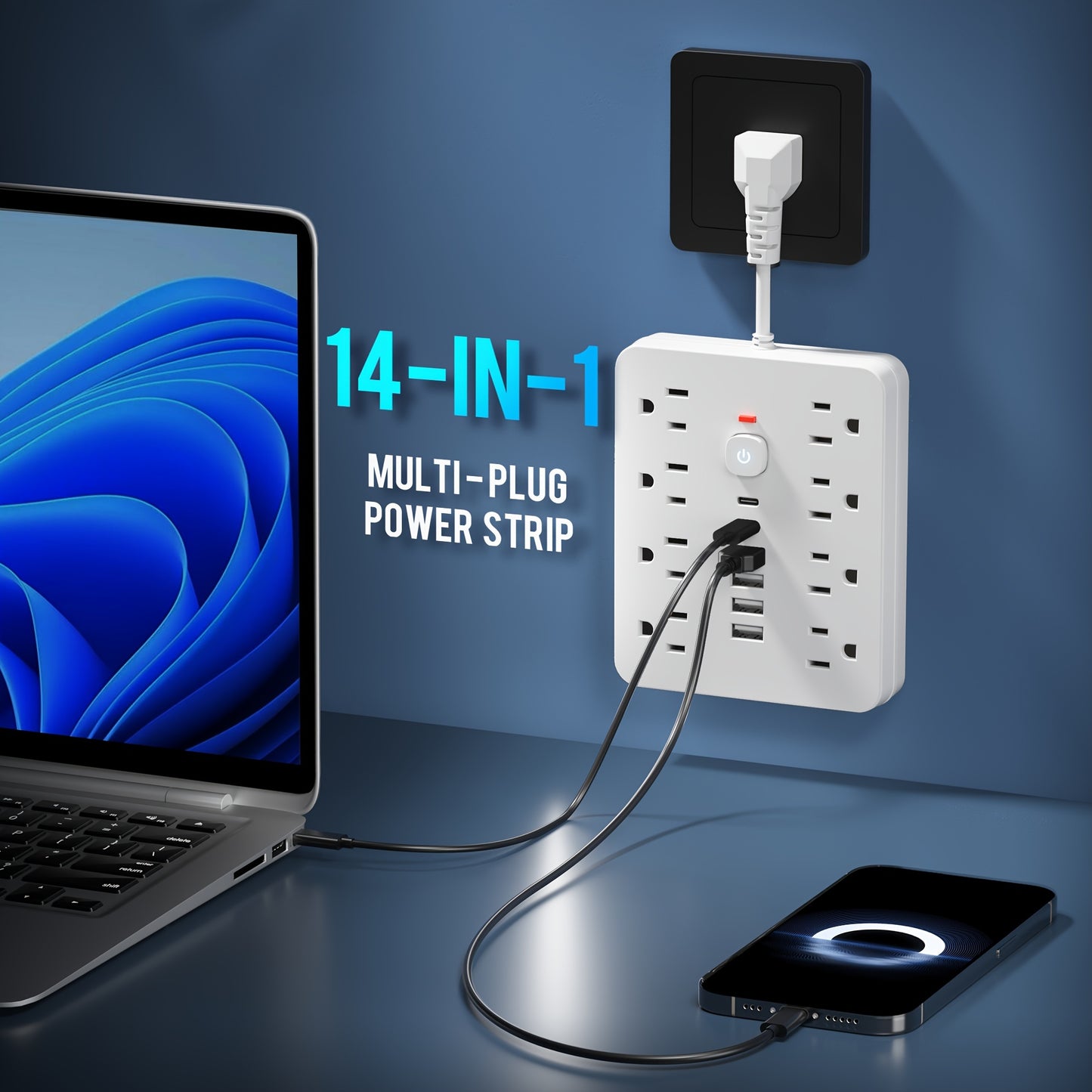 1pc 14-in-1 Power Adapter - 4 USB Outlets, 2 Type-C Ports, 8 AC Sockets, Surge Protector, Wall Socket, Portable for Home, Office and Travel