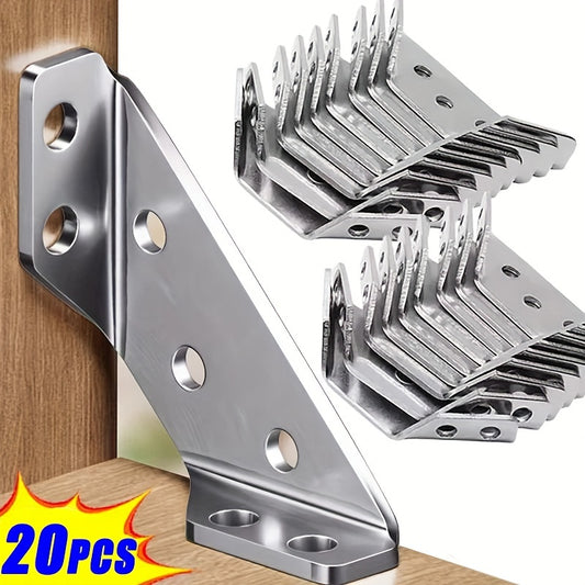 20-Piece Stainless Steel Corner Braces Set - 90° Right Angle Heavy-Duty Supports for Cabinets and Furniture, Industrial Hardware