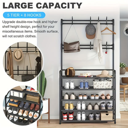 1pc 4/5 Layer 23in Carbon Steel Coat Rack - Multipurpose Coat Hanger and Shoe Shelf, Black/White, Self Assembly Required