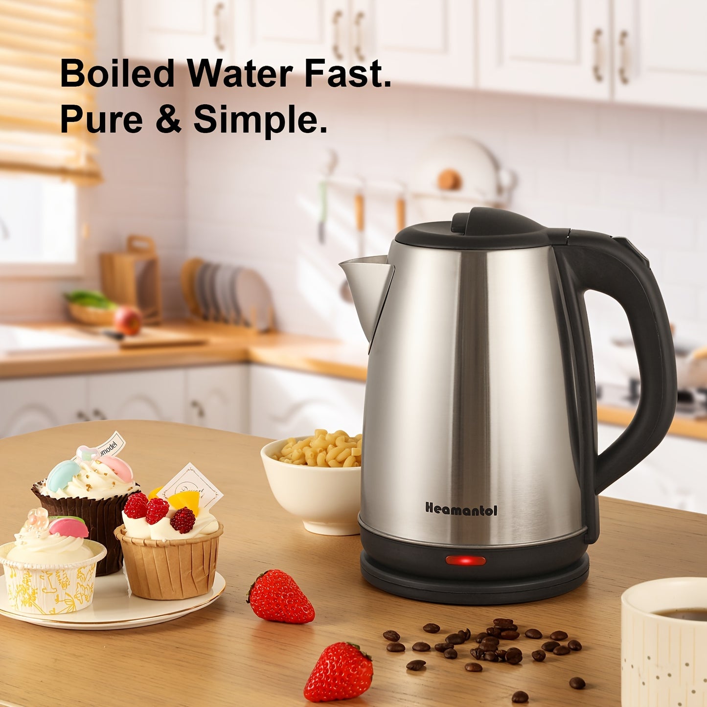 Electric Kettle – 1.8L Hot Water Boiler with Auto Shut Off & Boil-Dry Protection, Stainless Steel Double Wall, BPA Free, Cordless with Heating Base and LED Indicator