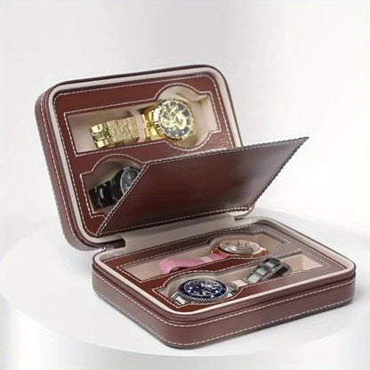 Luxury 4 Slot Black Faux Leather Watch Case with Zipper - Portable Travel Organizer for Watches, Jewelry and Accessories