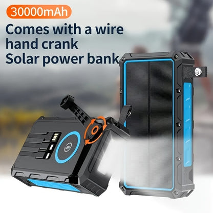 Wireless Power Bank 30,000mAh - 3 Built-in Charge Cables, Hand Crank, 7 Outputs, 4 Inputs, with Strong Flashlight