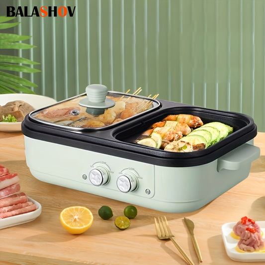 2-in-1 Electric Barbecue Grill and Hot Pot - 1300W Non-Stick Mini Boiler for Korean BBQ, Shabu Shabu, Soup - Ideal for 1-3 People, Includes Kitchen Accessories