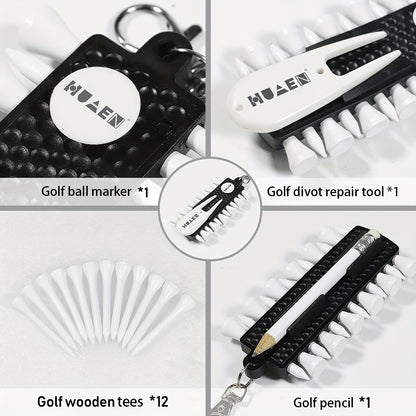 Huanen Golf Tee Caddy Set - Complete Golf Accessory Kit with Tee Holder, Ball Marker, Divot Repair Tool, Pencil, and 12 Tees