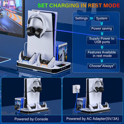 PS5/PS5 Slim/PS5 Pro Cooling Station with Controller Charging Stand - Includes Cooling Fan, 3 USB Hubs, Headset Holder and Screw for Disc/Digital Console - PlayStation 5 Accessories, Christmas Gift