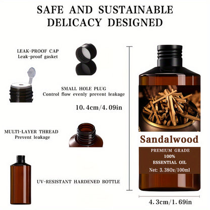 100% Pure Sandalwood Essential Oil - Natural Grade for Skin, Hair, Nail Care, and Aromatherapy - Moisturizing and Relaxing for Meditation, Diffusers, and Humidifiers