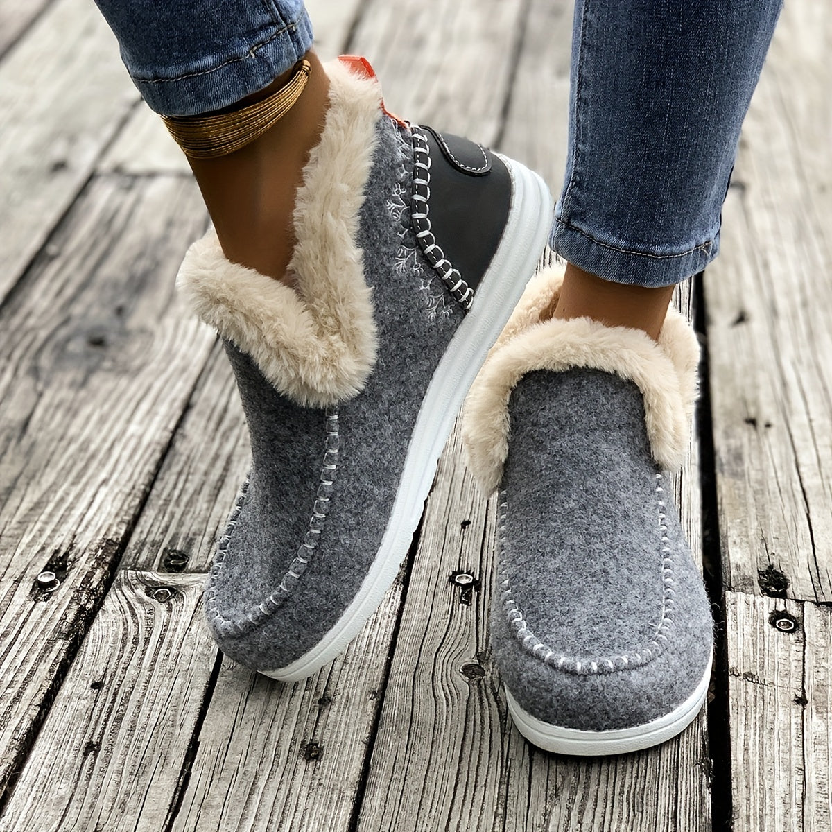 Cozy Furry Slip-On Sneakers – Warm Plush Lined, Soft Fabric Upper, Round Toe, Polyurethane PU Faux Leather Sole – Casual Comfort Shoes for Fall and Winter