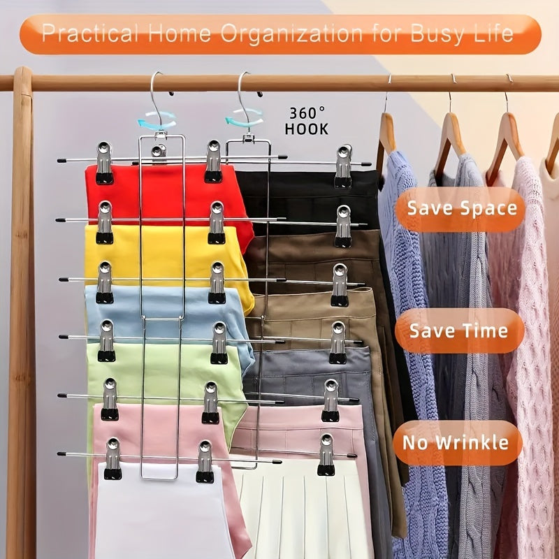 2 Pack Multi-Purpose Metal Hangers - Space-Saving 6-Tier Organizer for Skirts, Pants, Underwear and Scarves - Durable Closet Storage for Wardrobe