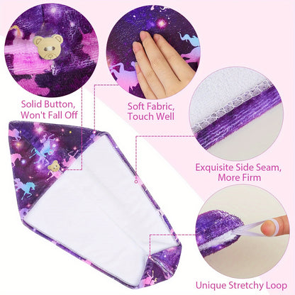 Soft and Absorbent Microfiber Cartoon Hair Towel Wrap - Quick Dry, Button Closure, Fun Patterned Design for Kids and Women - Bathroom Essentials