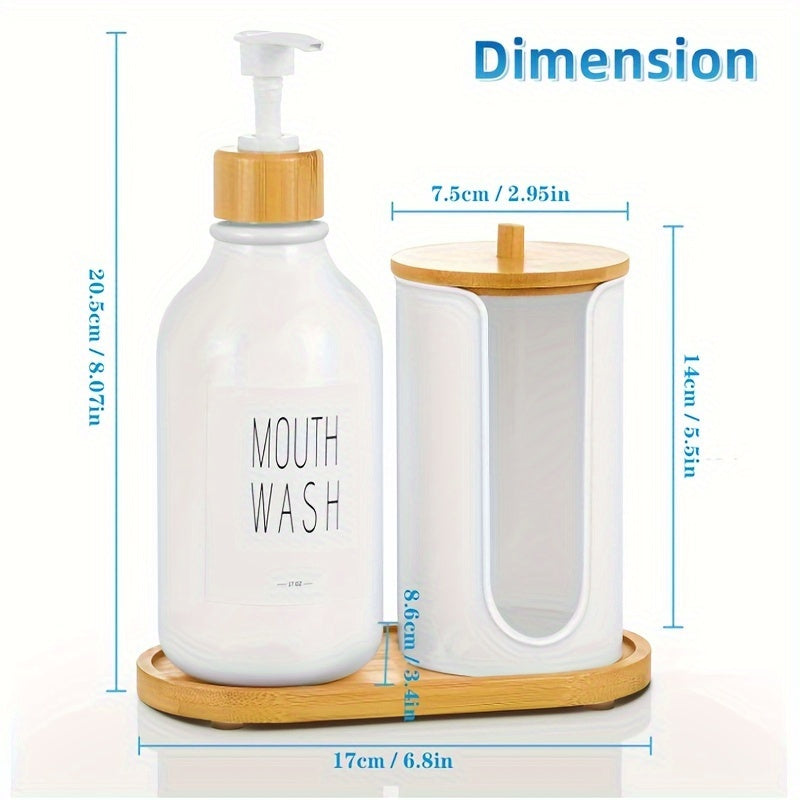 Mouthwash Dispenser for Bathroom – 17oz Refillable White Pump Bottle with Paper Cup Holder, Bamboo Lid/Tray/Label