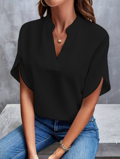 Lightweight Solid Color Notch Neck Blouse - Stylish Short Split Sleeves for Spring and Summer - Trendy Women's Casual Top