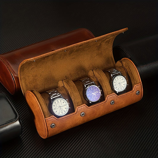 3 Slot Vintage PU Leather Travel Watch Organizer - WESSLECO Portable Roll Storage Case for Men, Perfect Gift Display Box