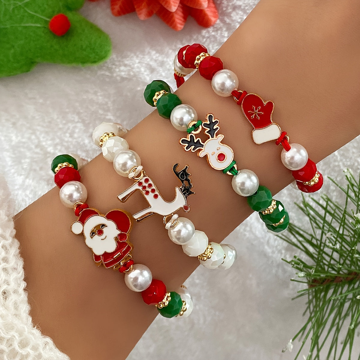 4pcs Festive Christmas Charm Bracelet Set - Santa, Reindeer & Gloves Designs with Soft Clay Beads and Drawstring Closure - Perfect Holiday Gift for Friends and Family