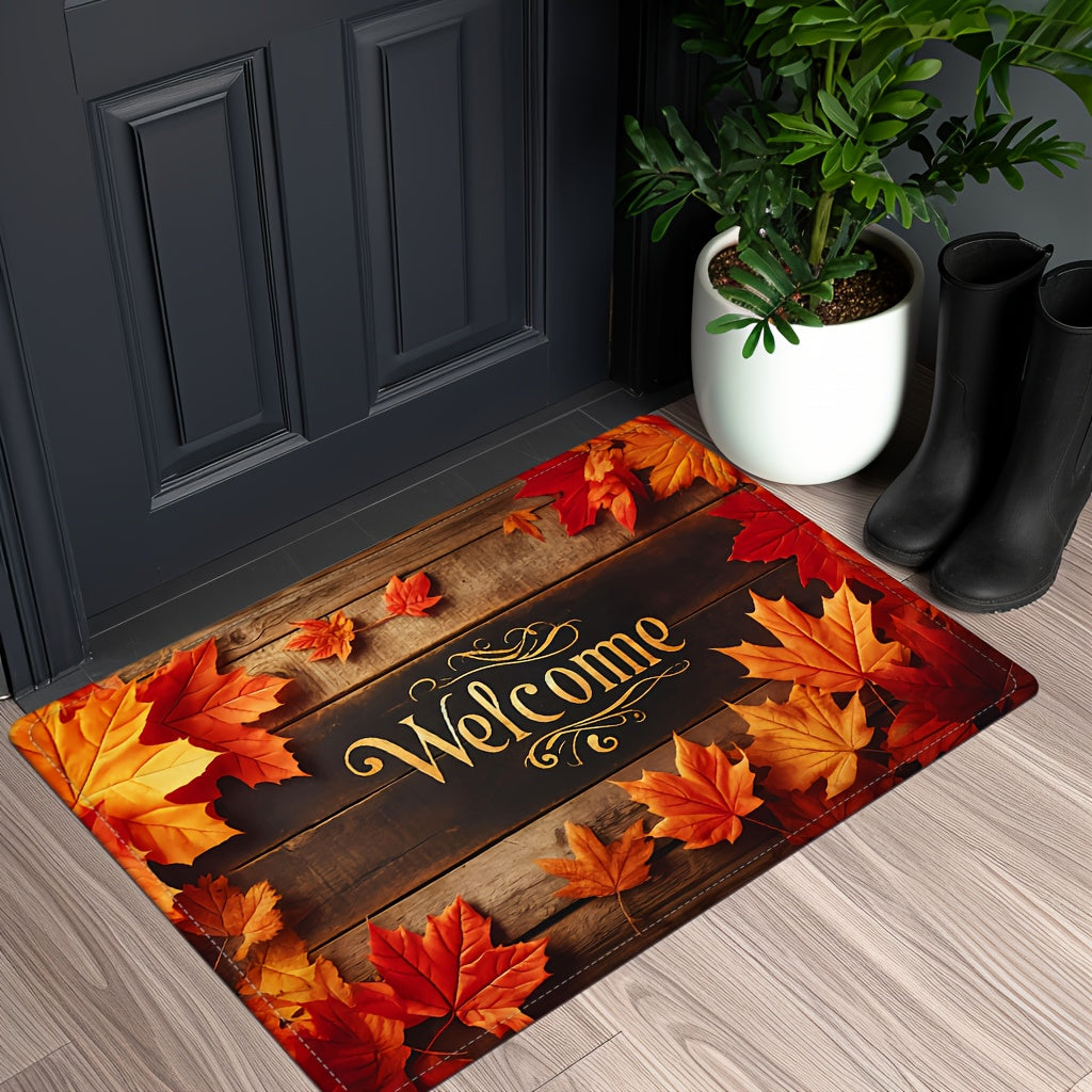 Autumn Maple Leaves Welcome Doormat – Non-Slip, Machine Washable Polyester Flannel Mat, Durable and Fade Resistant for Living Room, Bedroom, Kitchen