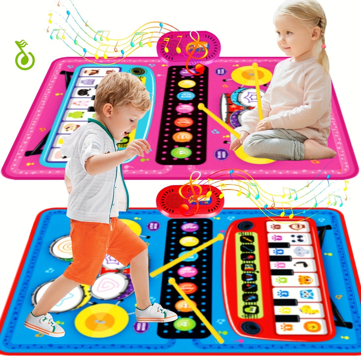 Dual-Function Kids Piano and Drum Play Mat - Educational Music Toy for Toddlers - Polyester Fiber, Pink and Blue - Enhances Musical Sensitivity, Perfect for Ages 0+, Ideal Holiday and Birthday Gift