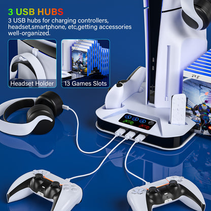 PS5/PS5 Slim/PS5 Pro Cooling Station with Controller Charging Stand - Includes Cooling Fan, 3 USB Hubs, Headset Holder and Screw for Disc/Digital Console - PlayStation 5 Accessories, Christmas Gift