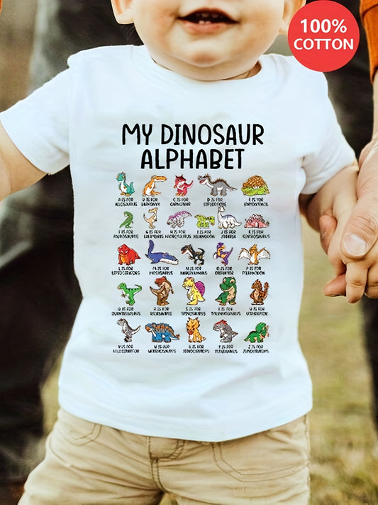 Cartoon Dinosaur Alphabet Print T-Shirt for Boys - Casual Short Sleeve Tee for Summer, Spring, Fall, Perfect as Gifts