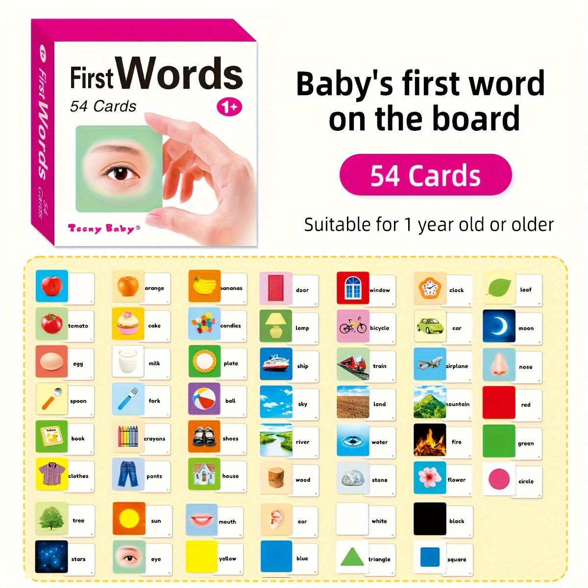 54 English Children's Learning Cards - Object and Word Recognition Set with Rounded Corners for Safe Handling