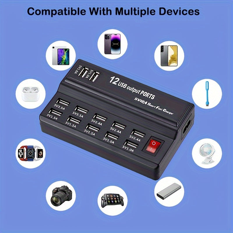 60W 12-Port USB Phone Charger - Fast Charging Station for All Smartphones, iPhone, iPad, Android, Cameras and More